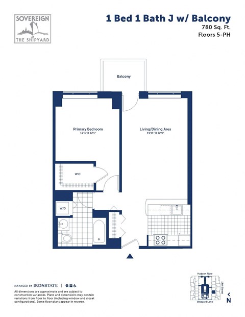 Floor plan for 1 bed, 1 bath, 780 sqft